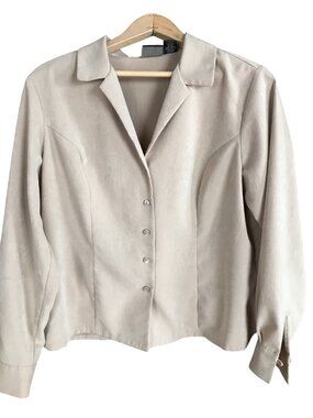 Laura Scott Petite Vintage Button-Down Blouse, Textured Taupe Shirt Women's 14P